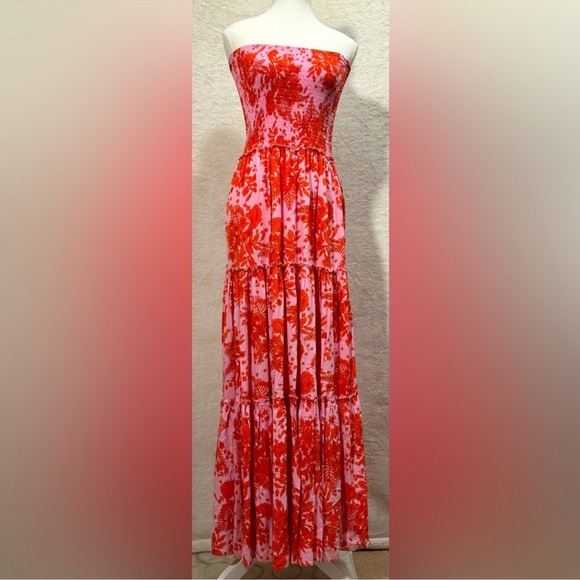 Anthropologie Abel the Label Bondi Smocked Strapless Maxi Dress pink orange M - Picture 2 of 14